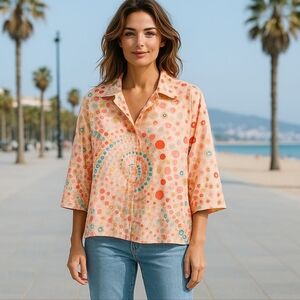 Kim Rogers Petite 16P Cotton Button Down 3/4 Sleeve Blouse Colorful Whimsigoth